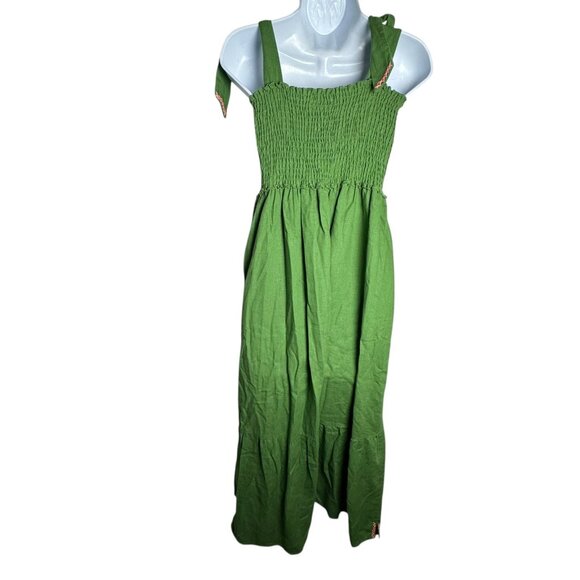 Caryn Lawn Linen Blend Lily Dress Green Midi Smocked Bodice Bow Straps small - Picture 5 of 9